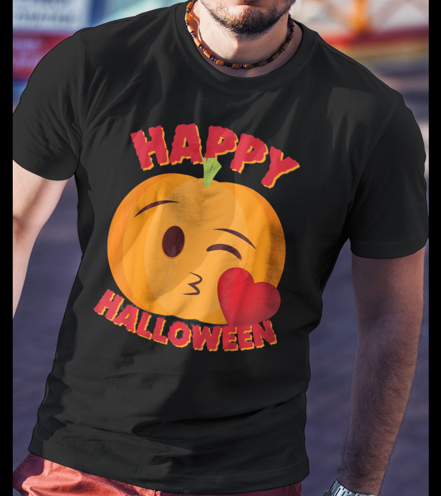Happy Halloween Blowing Kiss Emoji Pumpkin T-Shirt