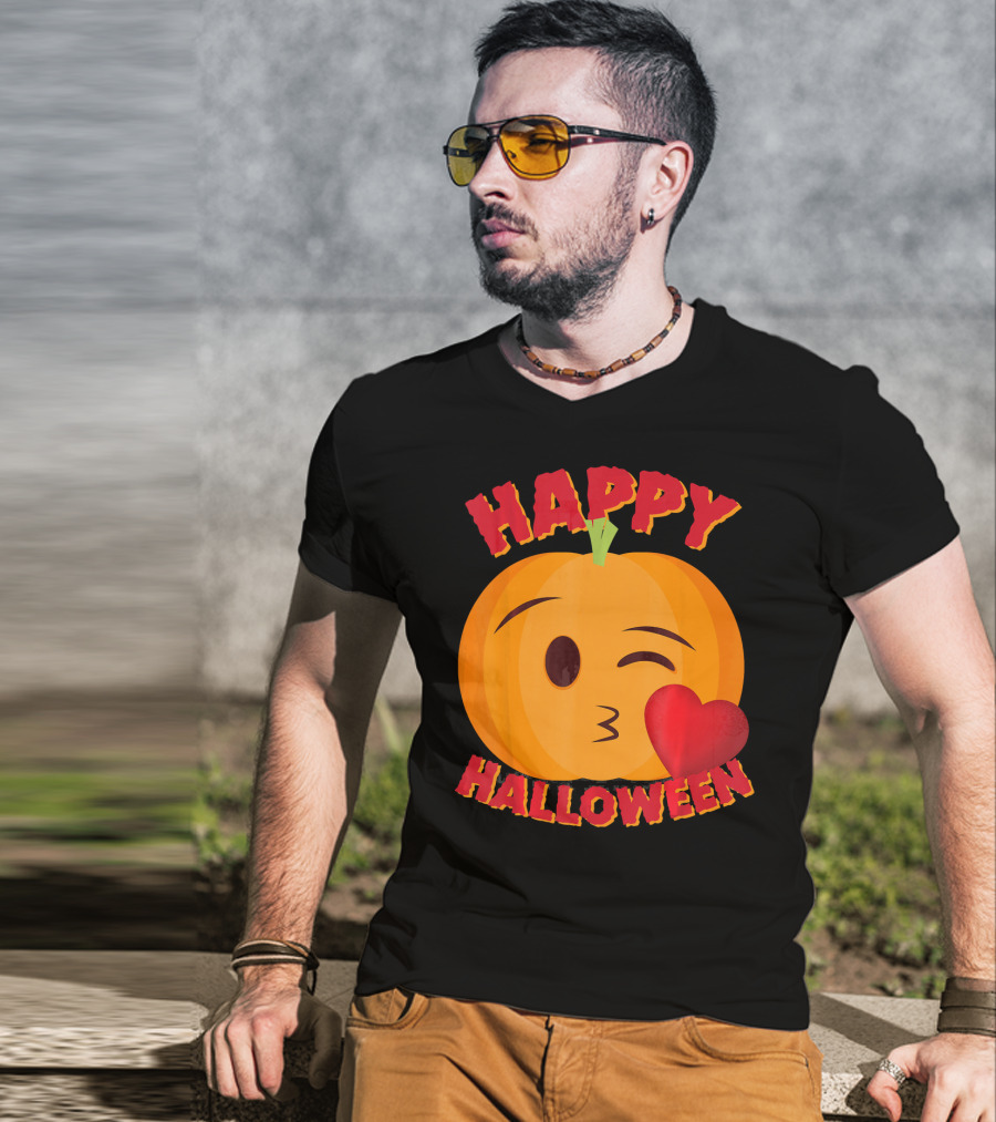 Happy Halloween Blowing Kiss Emoji Pumpkin T-Shirt