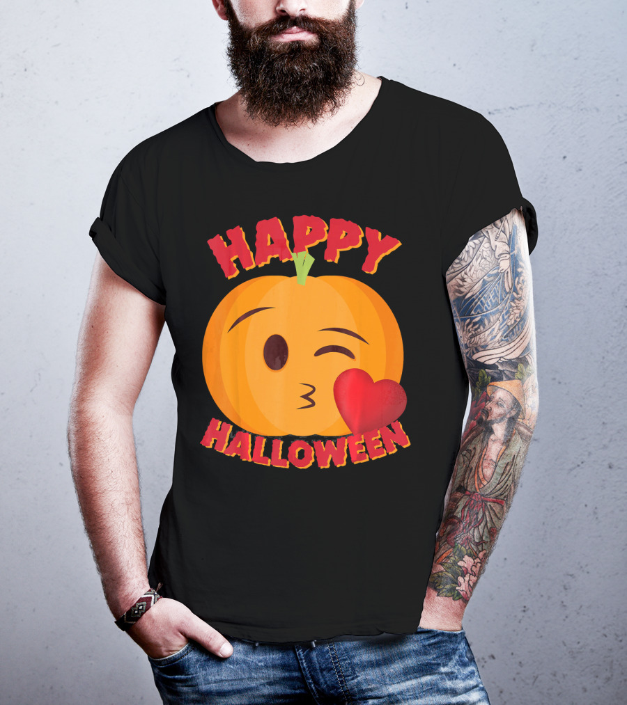 Happy Halloween Blowing Kiss Emoji Pumpkin T-Shirt