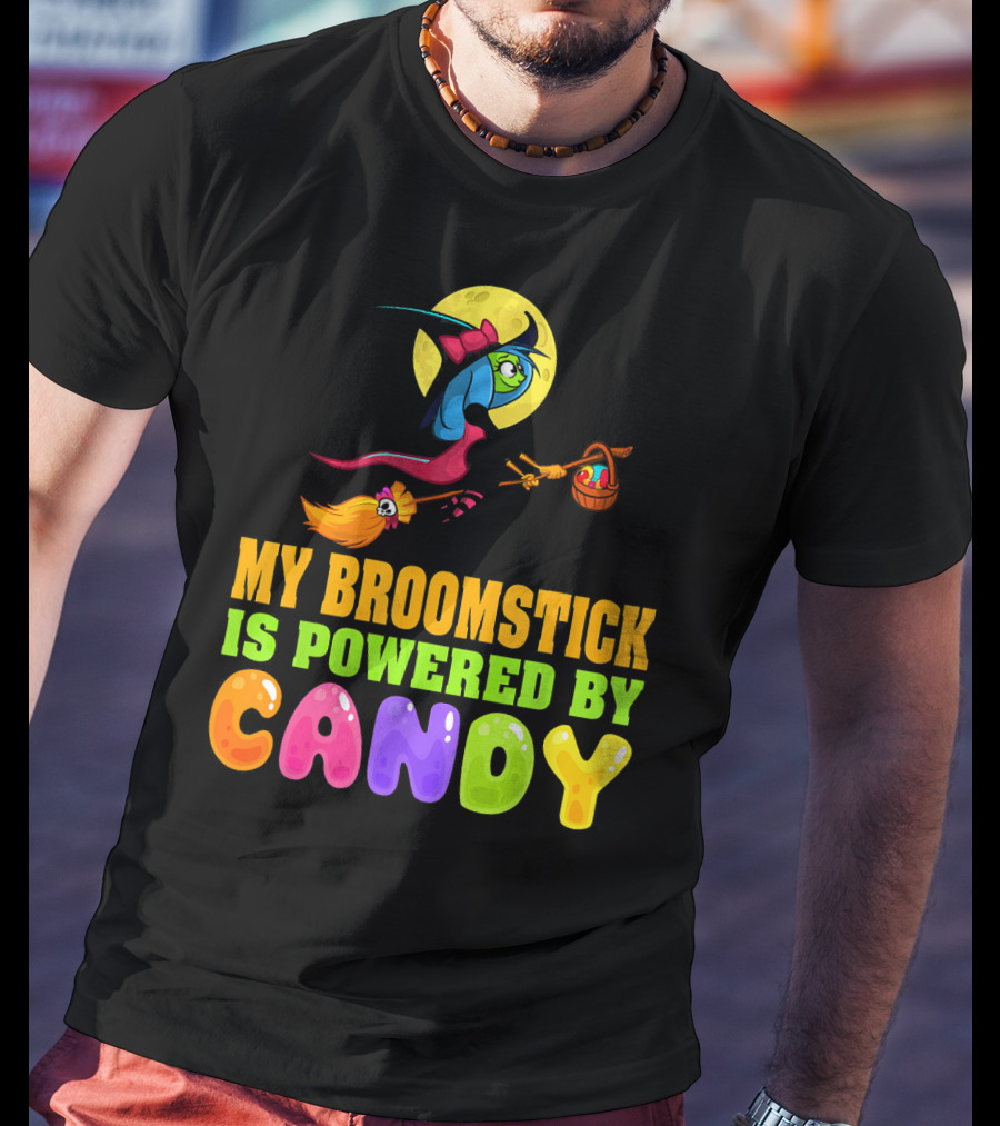 My Broomstick Is Powered By Candy With Witch And Moon Scene T-Shirt