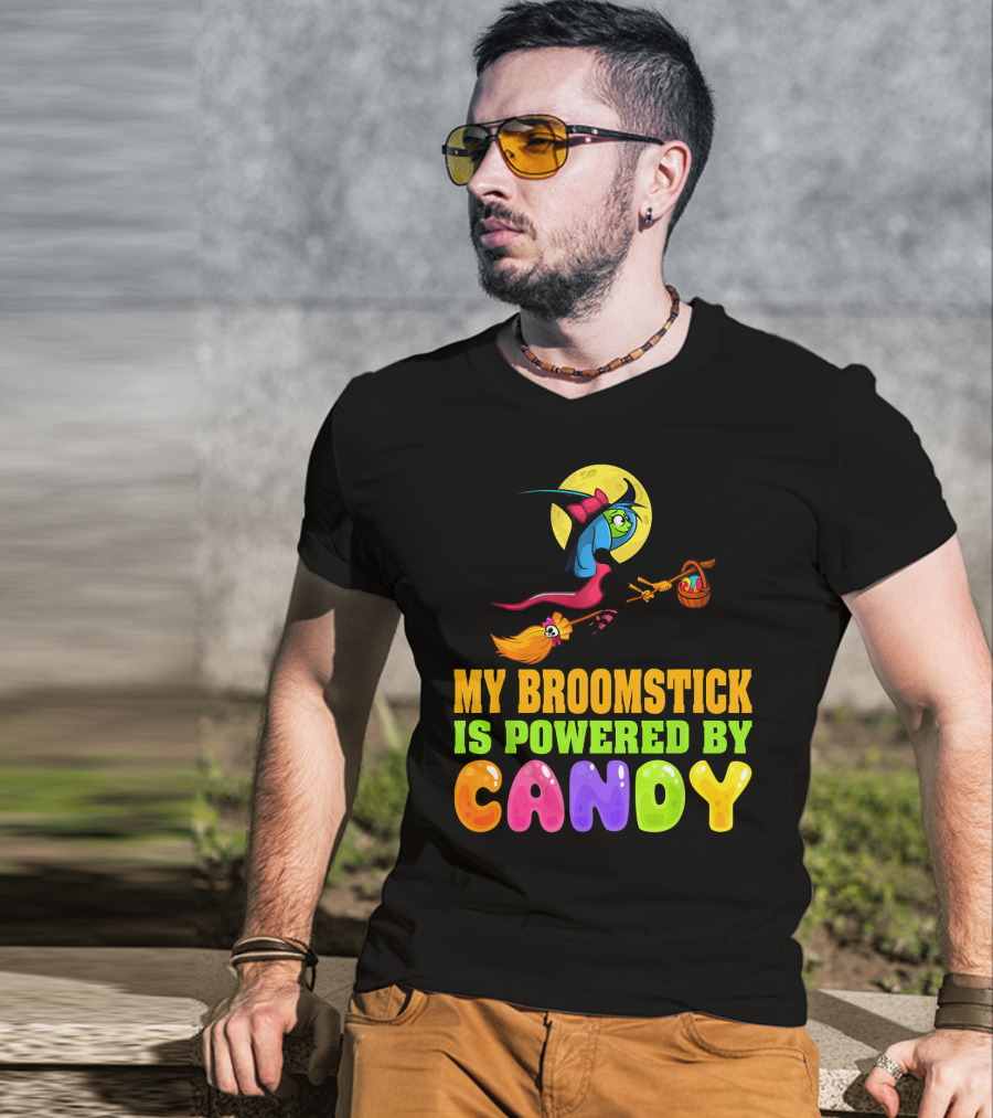 My Broomstick Is Powered By Candy With Witch And Moon Scene T-Shirt