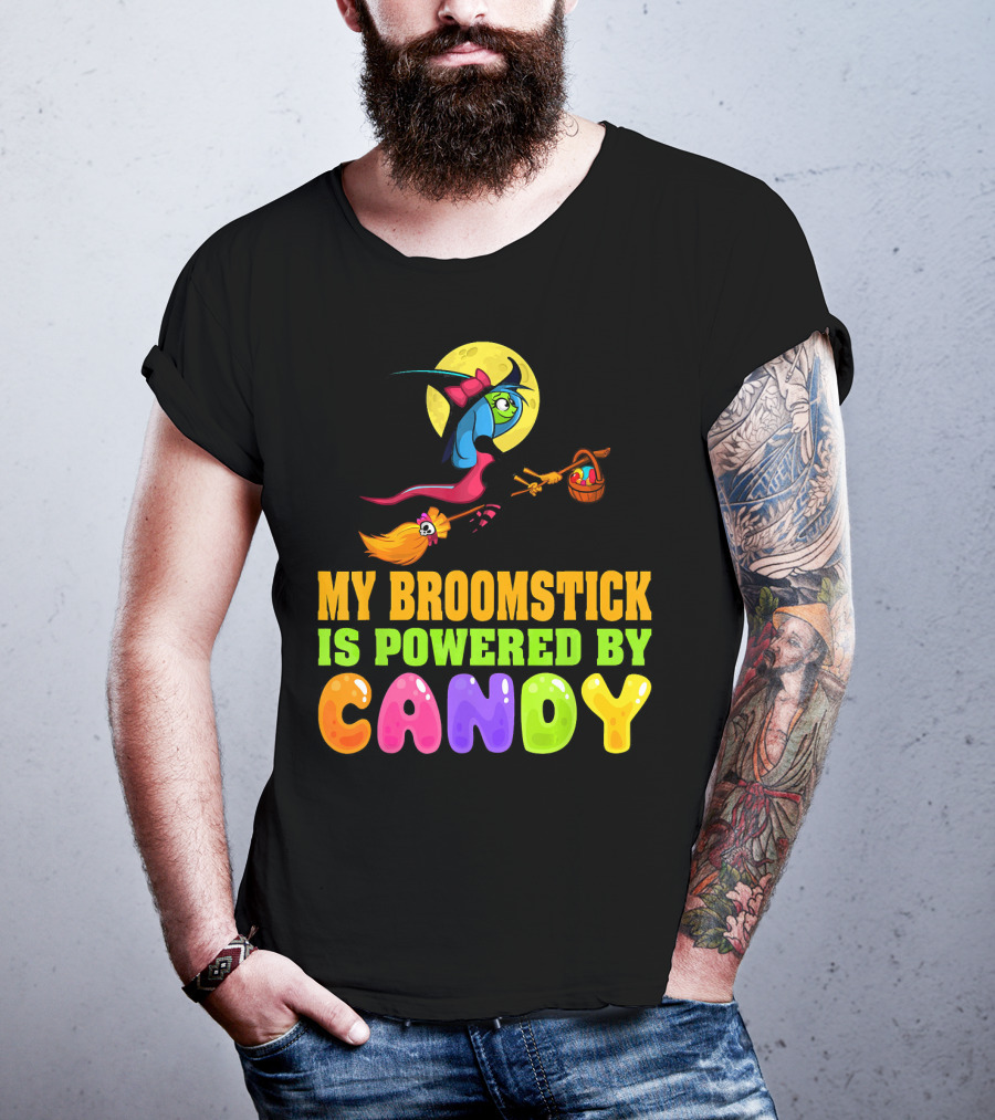 My Broomstick Is Powered By Candy With Witch And Moon Scene T-Shirt