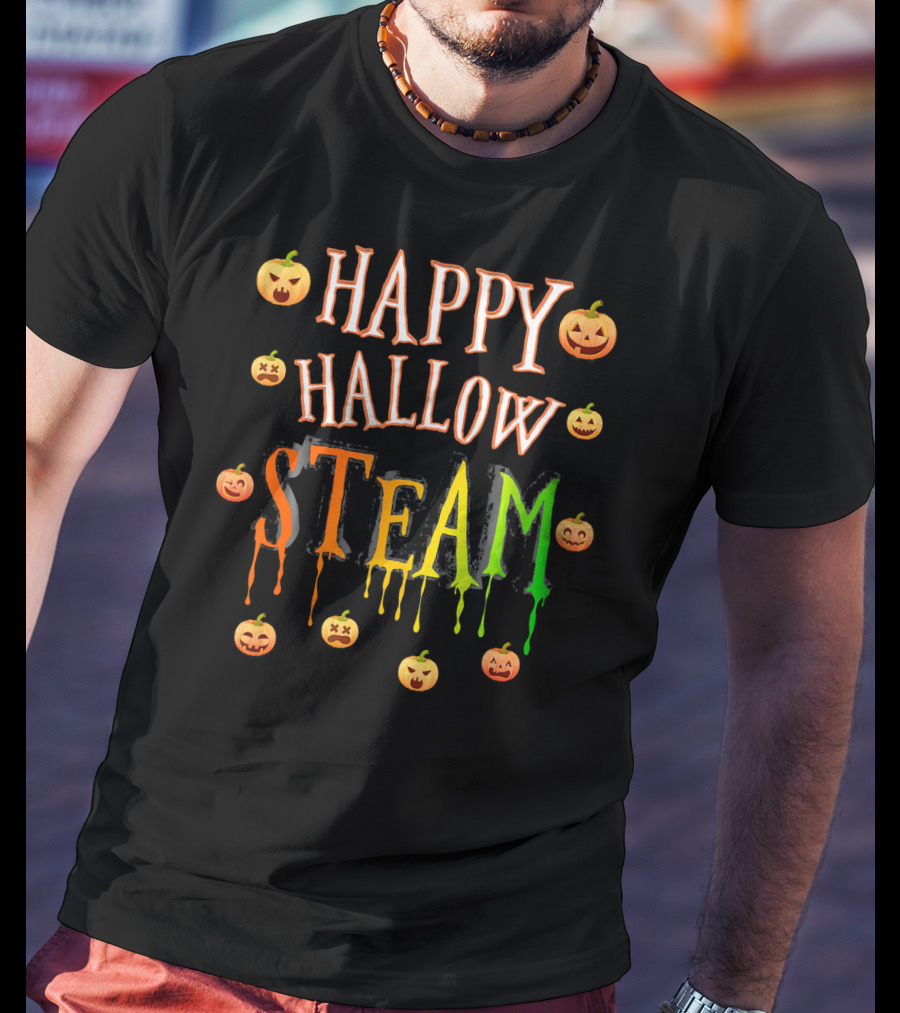 HAPPY HALLOW STEAM Pumpkin Faces Orange Green Dripping Letters T-Shirt