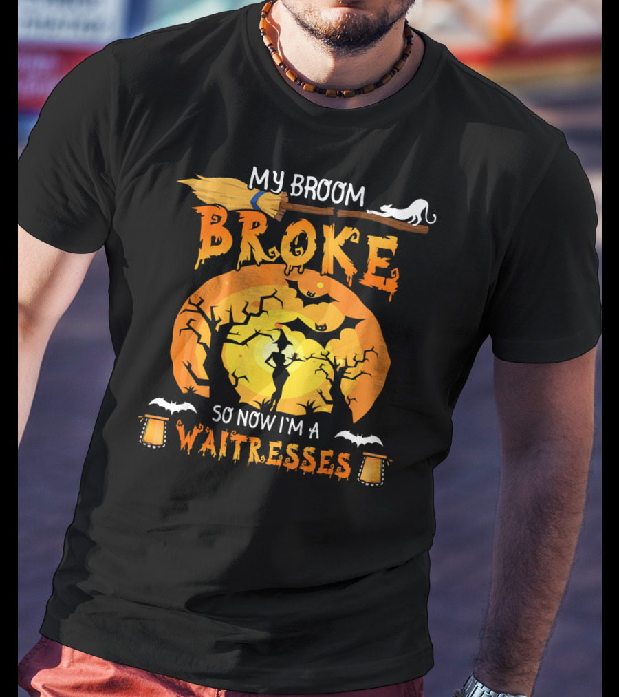 My Broom Broke So Now I'm A Waitresses Halloween Witch Moon Cat Lanterns T-Shirt
