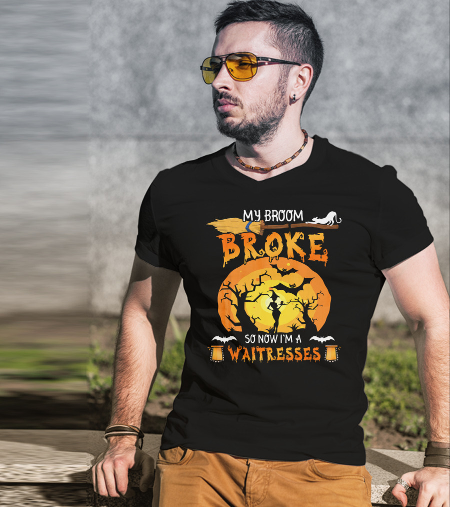 My Broom Broke So Now I'm A Waitresses Halloween Witch Moon Cat Lanterns T-Shirt
