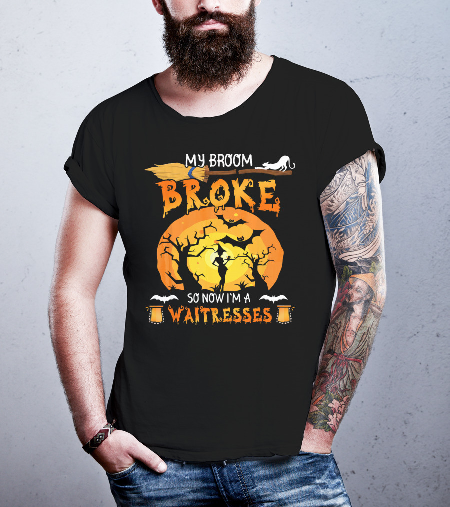 My Broom Broke So Now I'm A Waitresses Halloween Witch Moon Cat Lanterns T-Shirt