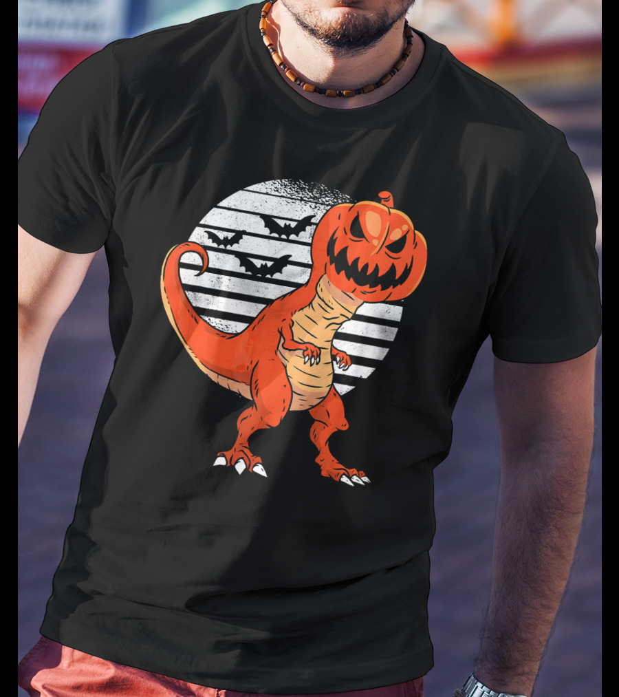 Funny Dinosaur Pumpkin Head Halloween With Bats T-Shirt