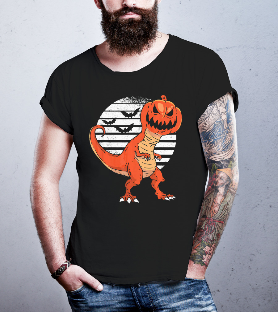 Funny Dinosaur Pumpkin Head Halloween With Bats T-Shirt