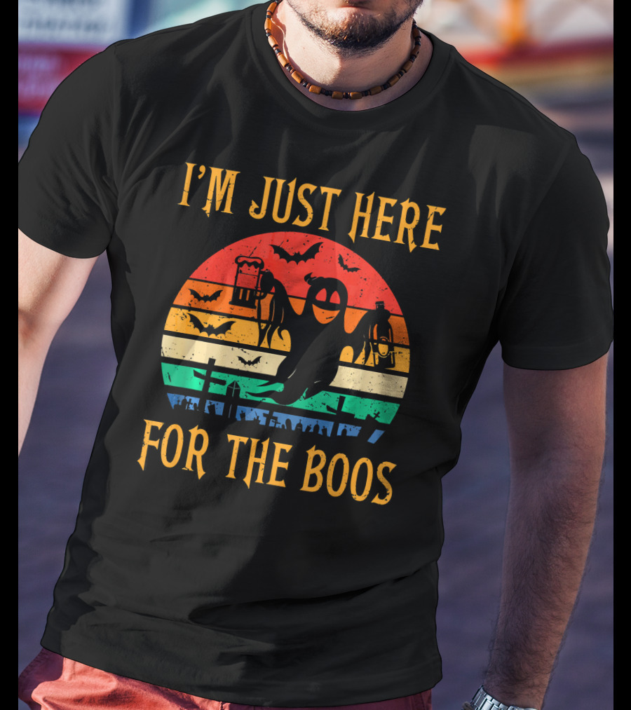I'm Just Here For The Boos Halloween Ghost And Bats Retro Sunset T-Shirt