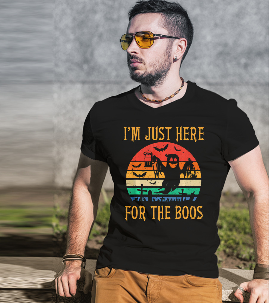 I'm Just Here For The Boos Halloween Ghost And Bats Retro Sunset T-Shirt