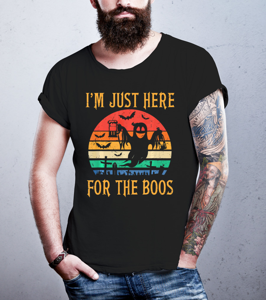 I'm Just Here For The Boos Halloween Ghost And Bats Retro Sunset T-Shirt