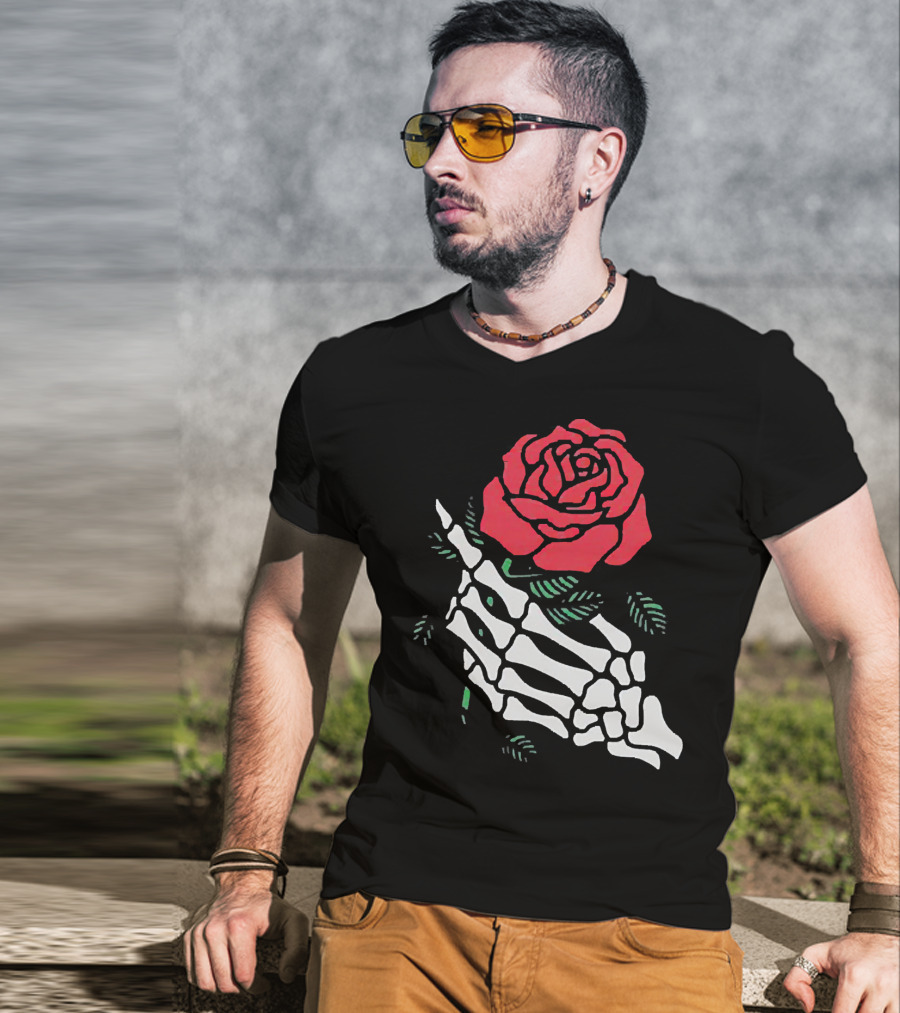 Rose White Skeleton Hand Holding Red Rose T-Shirt
