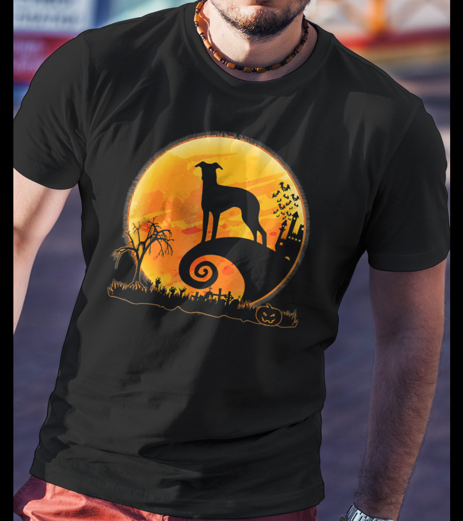 Italian Greyhound Dog Silhouette On Halloween Moon Night T-Shirt