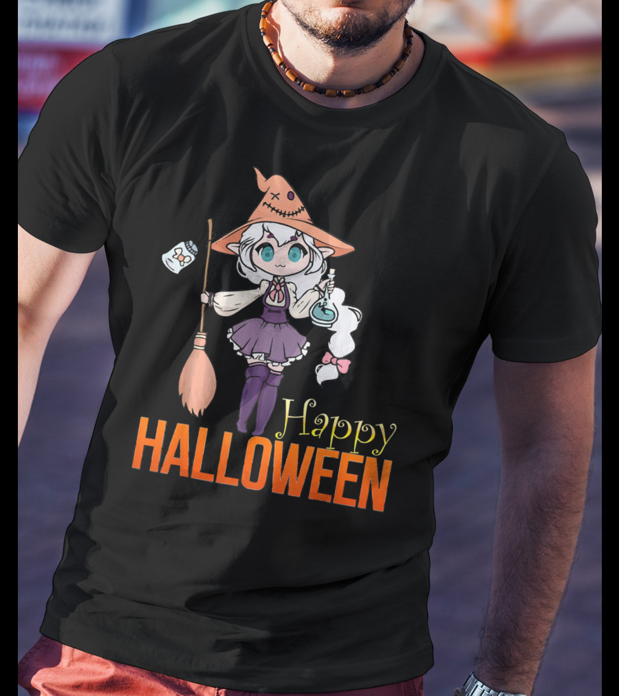 Happy Halloween Witch Anime Girl Cute Magic Potions And Broom T-Shirt