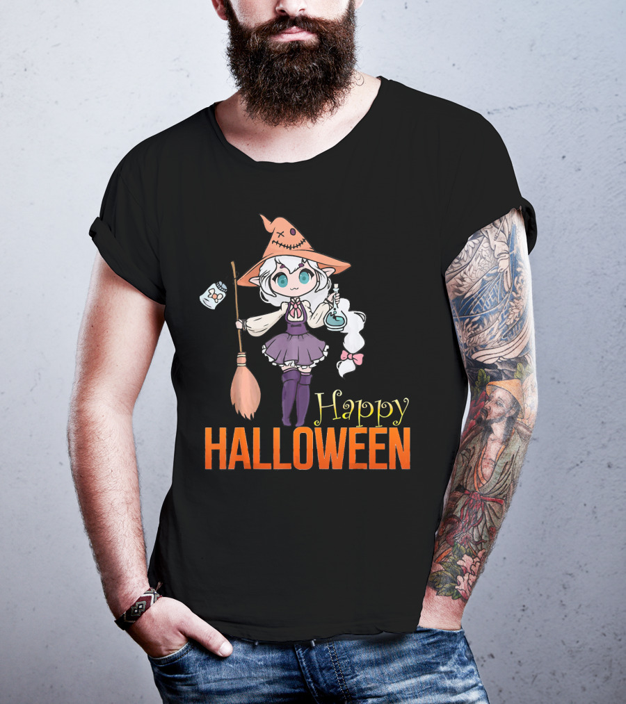 Happy Halloween Witch Anime Girl Cute Magic Potions And Broom T-Shirt