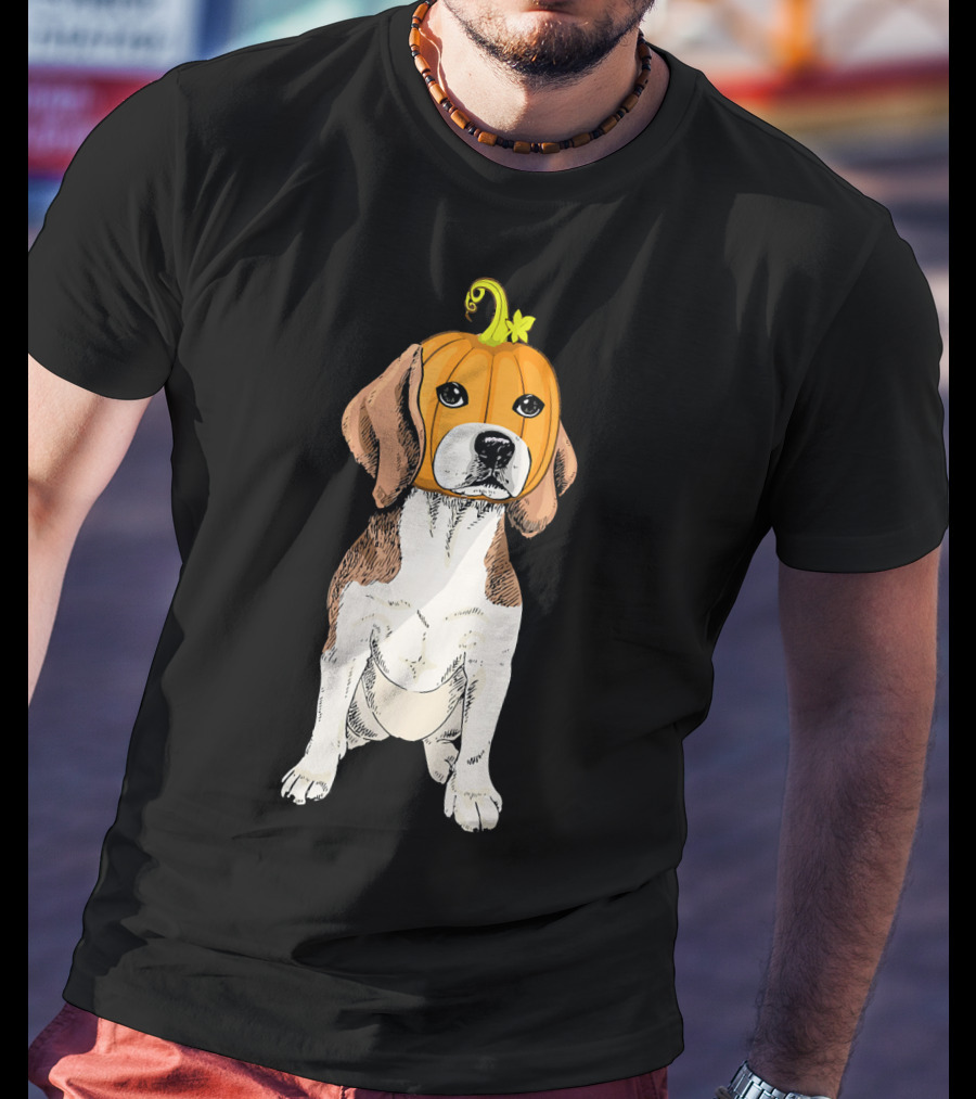 Beagle Wearing Pumpkin Face Funny Halloween Costume T-Shirt
