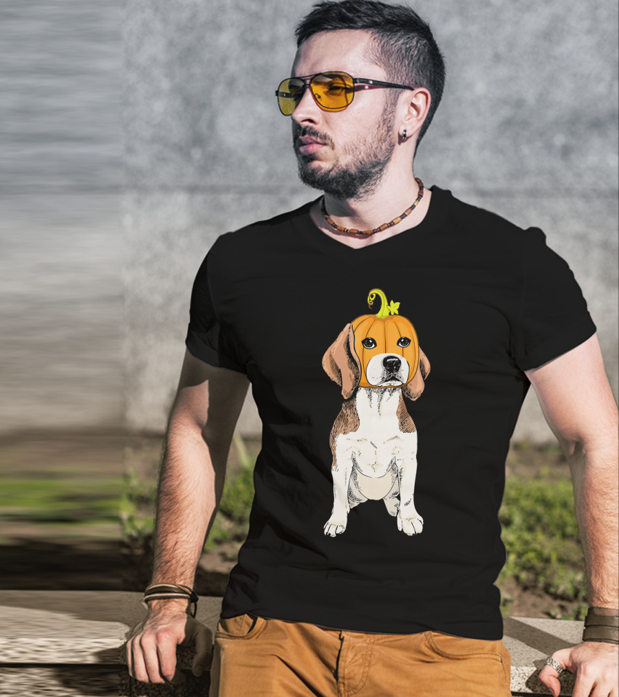 Beagle Wearing Pumpkin Face Funny Halloween Costume T-Shirt