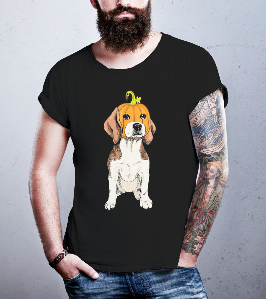 Beagle Wearing Pumpkin Face Funny Halloween Costume T-Shirt