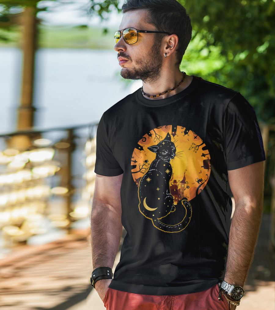 Halloween Black Cat With Stars And Moon In Haunted Landscape T-Shirt