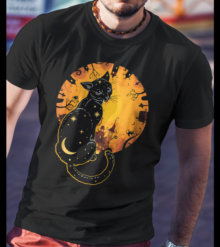 Halloween Black Cat With Stars And Moon In Haunted Landscape T-Shirt