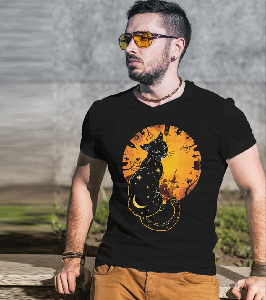 Halloween Black Cat With Stars And Moon In Haunted Landscape T-Shirt