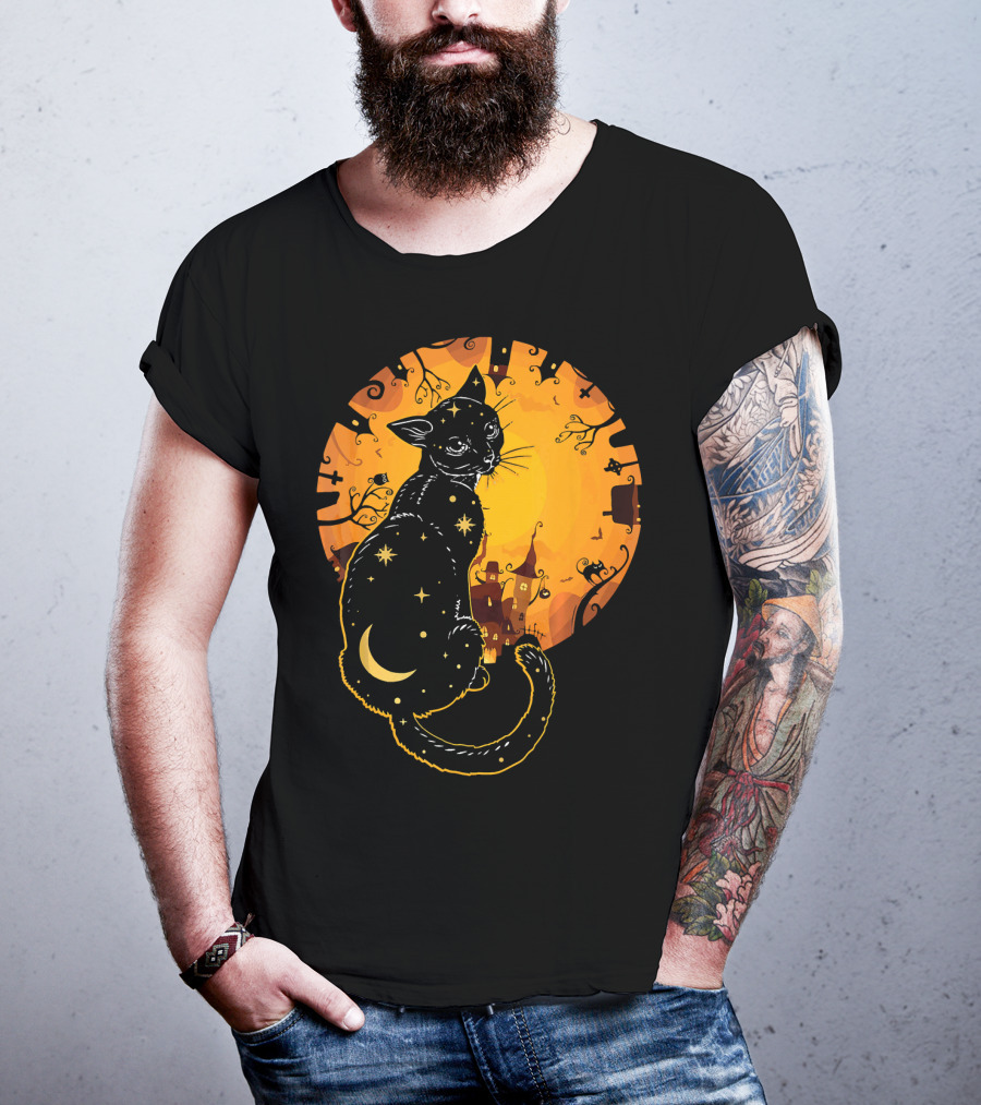 Halloween Black Cat With Stars And Moon In Haunted Landscape T-Shirt