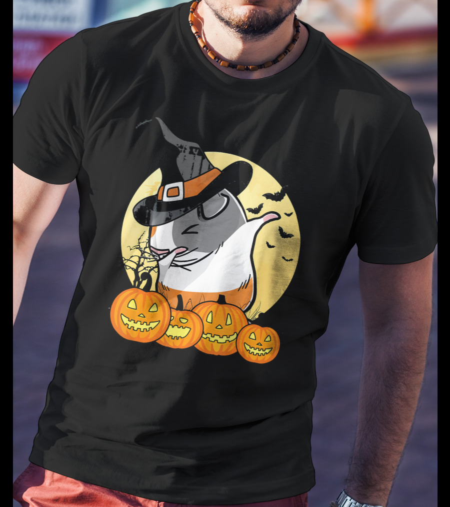 Witch Hat Dabbing Guinea Pig Halloween Pumpkins And Bats Moon Dance T-Shirt