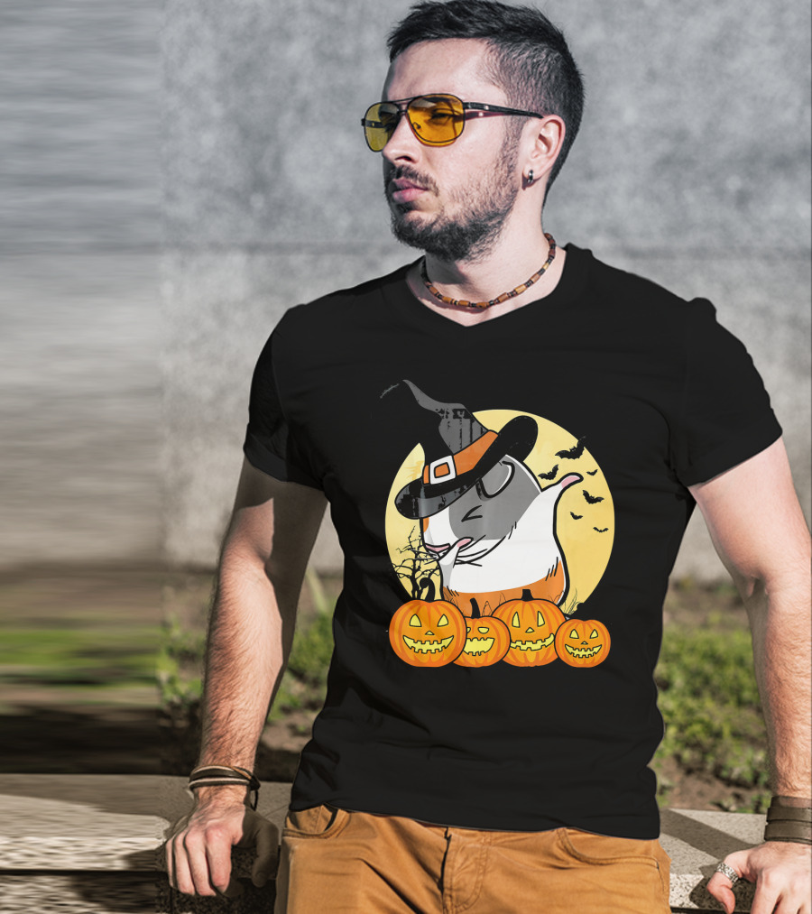 Witch Hat Dabbing Guinea Pig Halloween Pumpkins And Bats Moon Dance T-Shirt