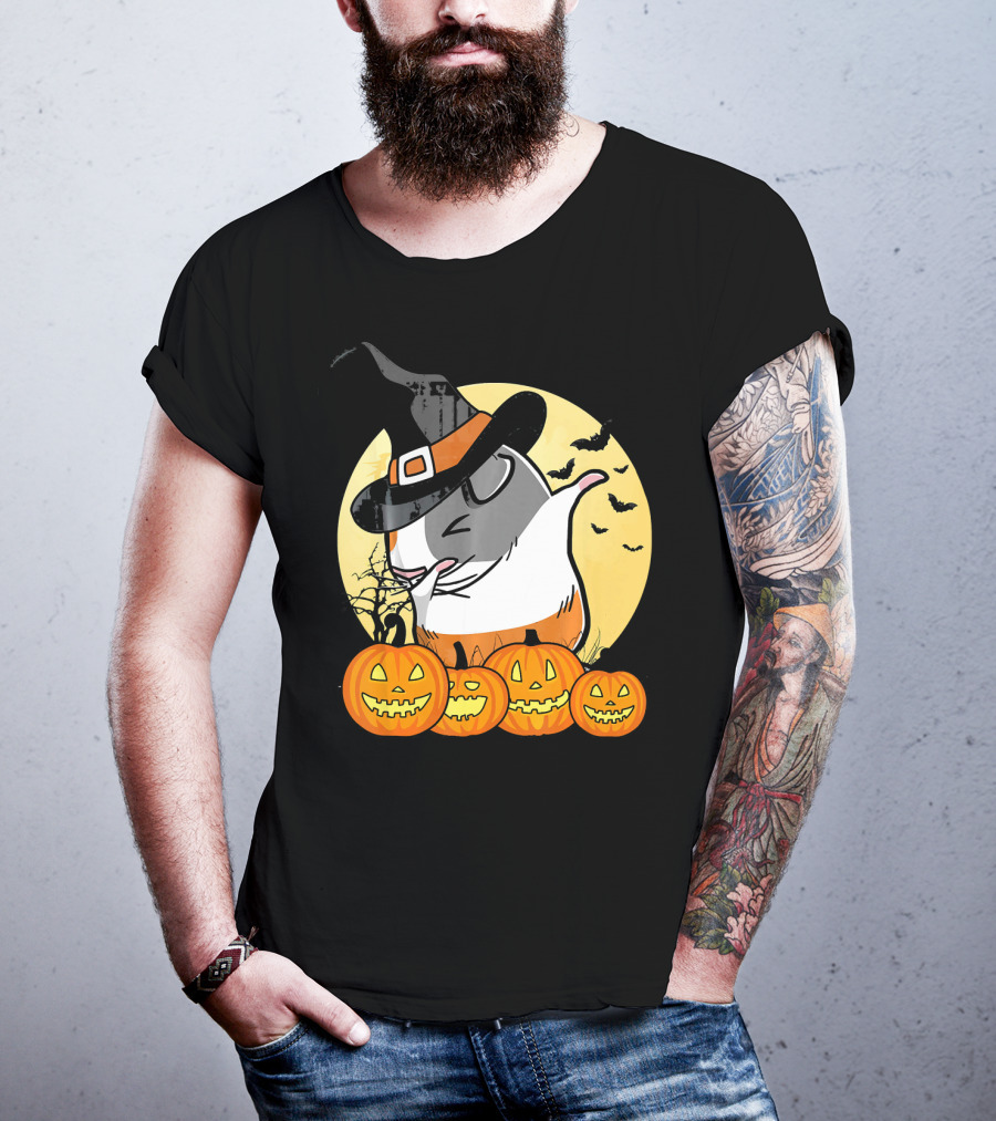 Witch Hat Dabbing Guinea Pig Halloween Pumpkins And Bats Moon Dance T-Shirt