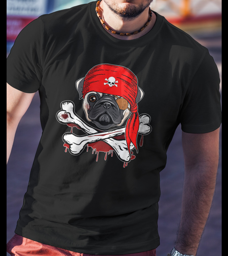Funny Pirate Pug Dog With Skull Bandana And Crossbones T-Shirt