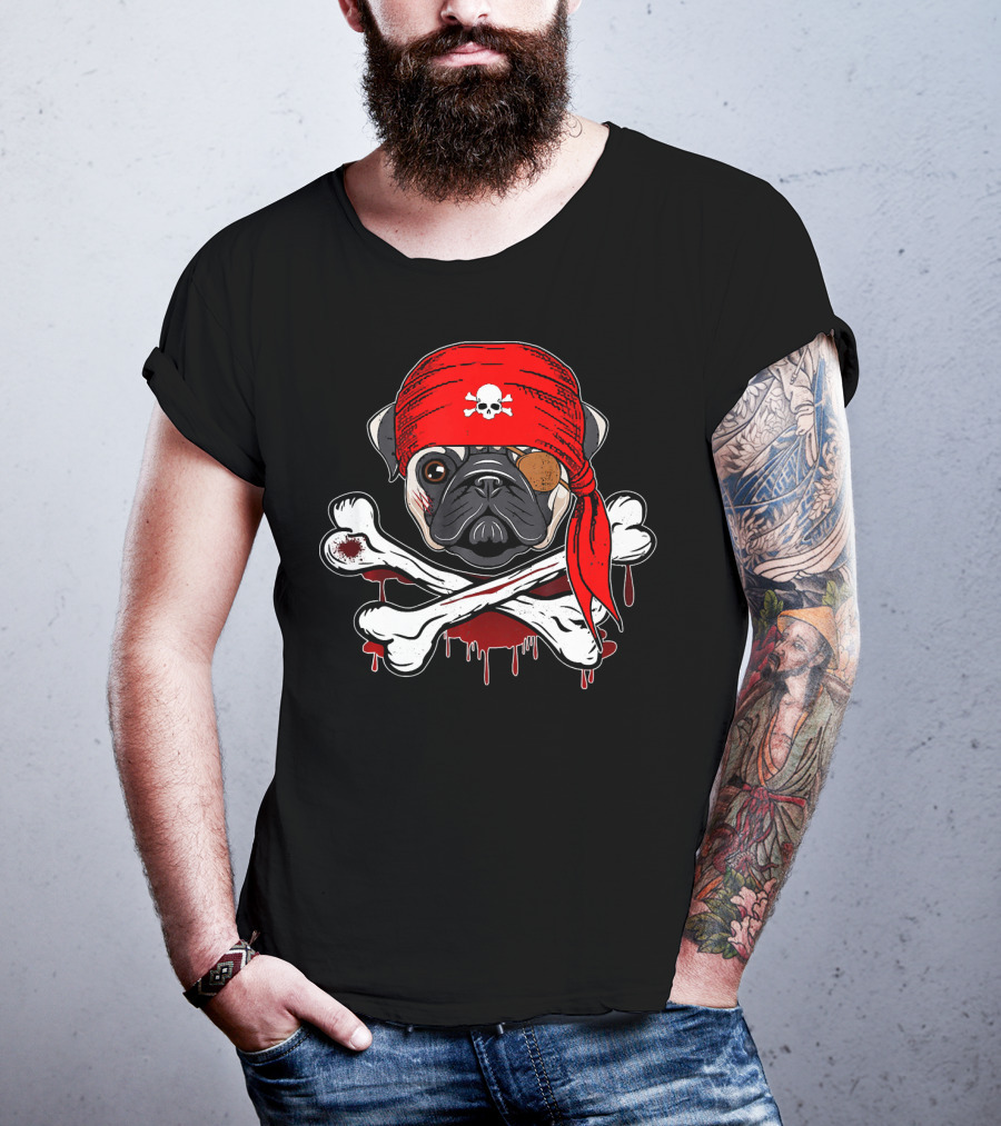 Funny Pirate Pug Dog With Skull Bandana And Crossbones T-Shirt
