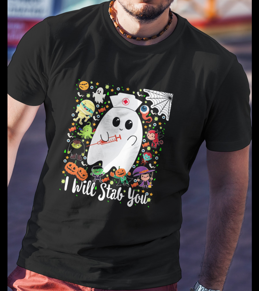 I Will Stab You Funny Halloween Ghost Nurse With Syringe Surrounded By Monsters Pumpkins And Web T-Shirt