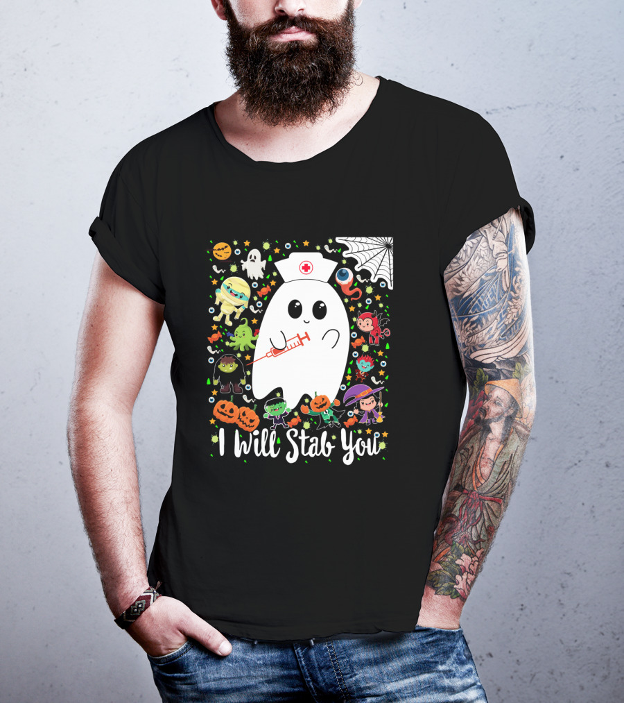 I Will Stab You Funny Halloween Ghost Nurse With Syringe Surrounded By Monsters Pumpkins And Web T-Shirt