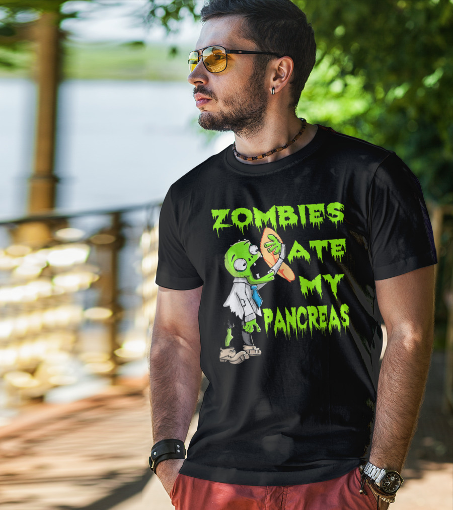 Zombies Ate My Pancreas Diabetes Awareness Cartoon Zombie Holding Organ T-Shirt