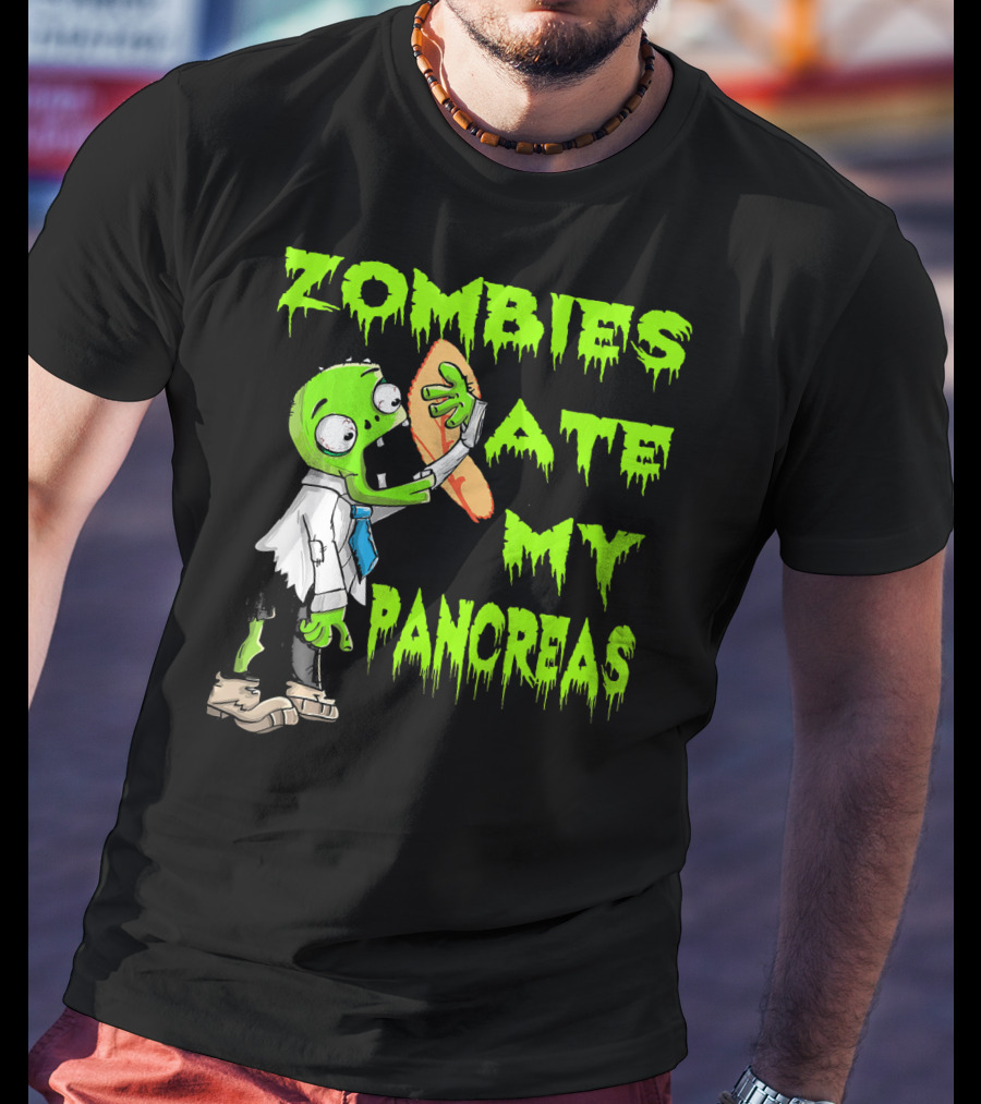 Zombies Ate My Pancreas Diabetes Awareness Cartoon Zombie Holding Organ T-Shirt