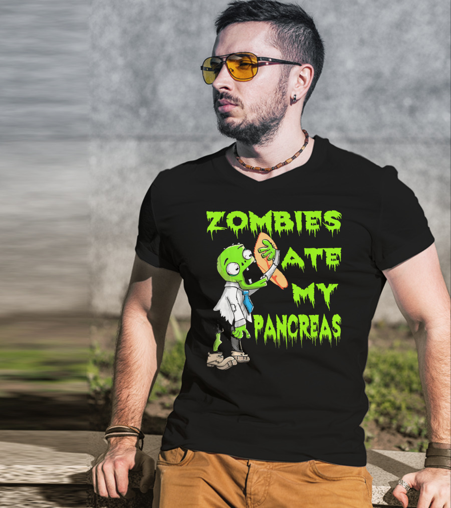 Zombies Ate My Pancreas Diabetes Awareness Cartoon Zombie Holding Organ T-Shirt