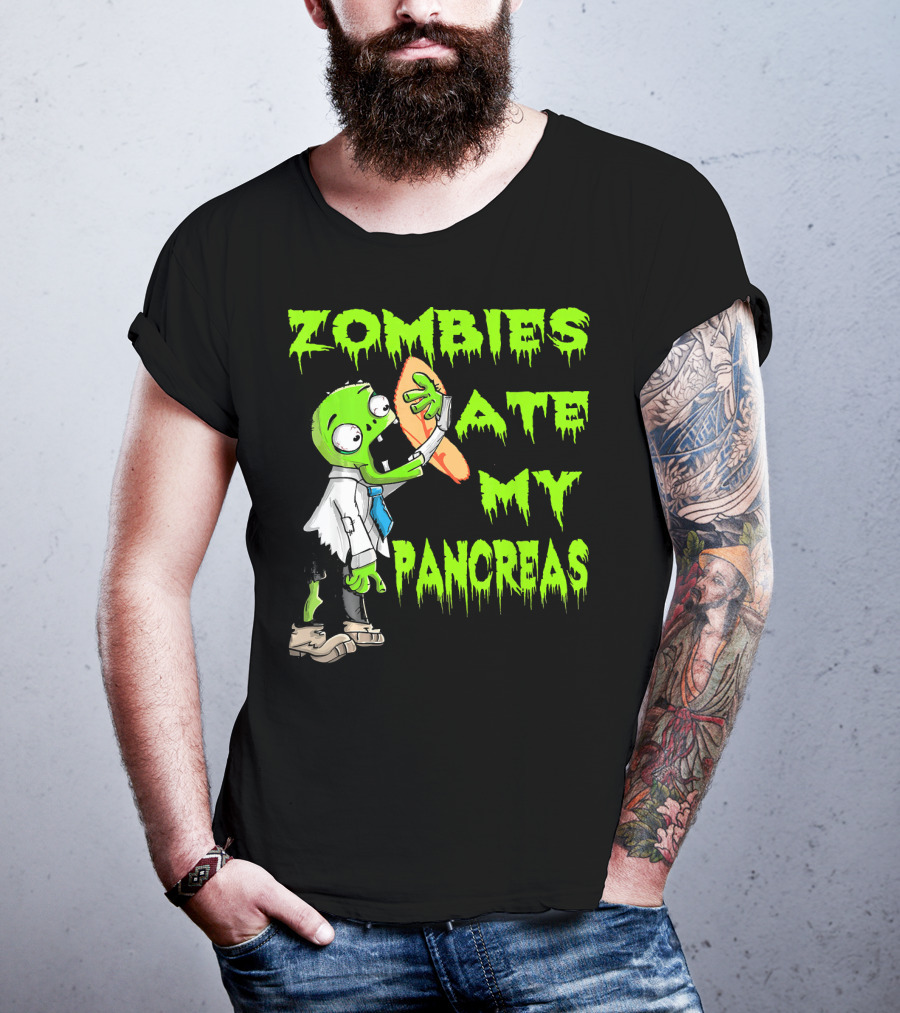 Zombies Ate My Pancreas Diabetes Awareness Cartoon Zombie Holding Organ T-Shirt