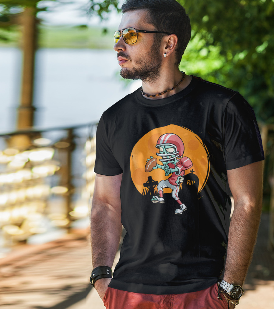 Zombie Football Player Halloween Graveyard Scene T-Shirt