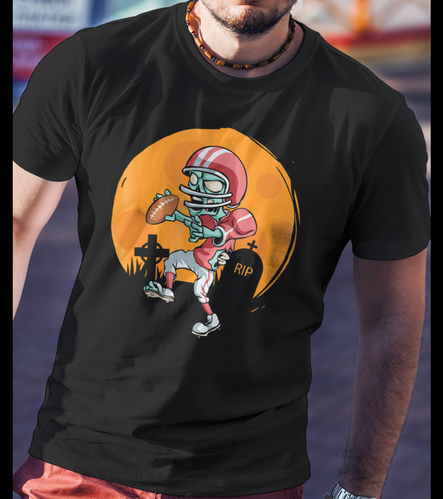 Zombie Football Player Halloween Graveyard Scene T-Shirt