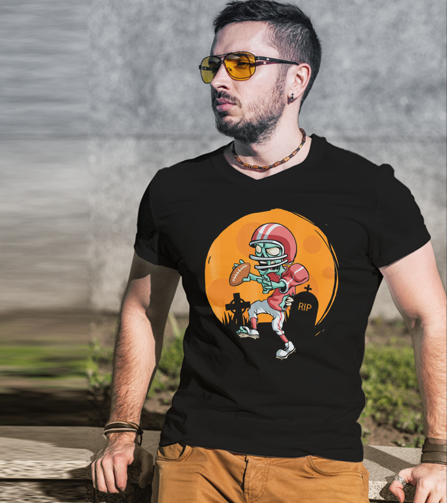 Zombie Football Player Halloween Graveyard Scene T-Shirt