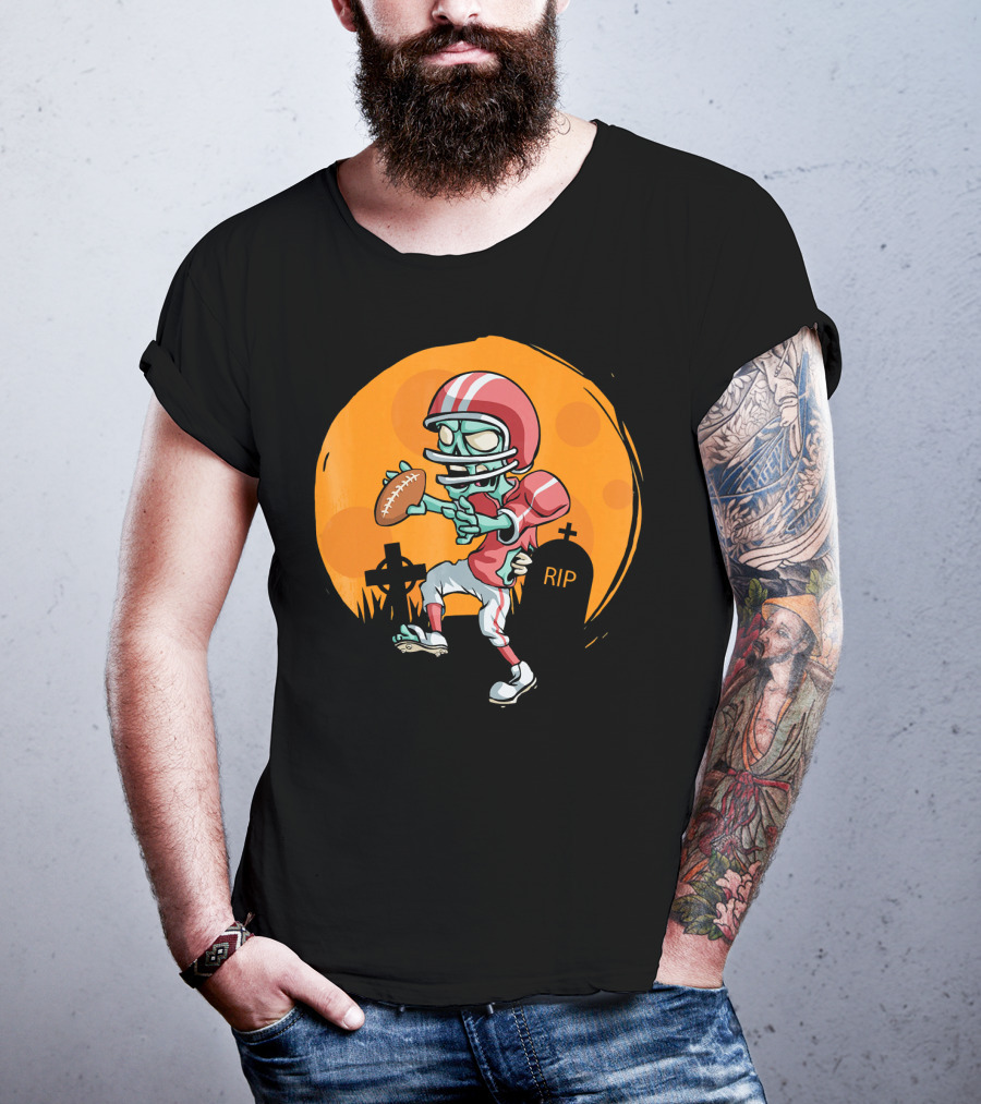 Zombie Football Player Halloween Graveyard Scene T-Shirt