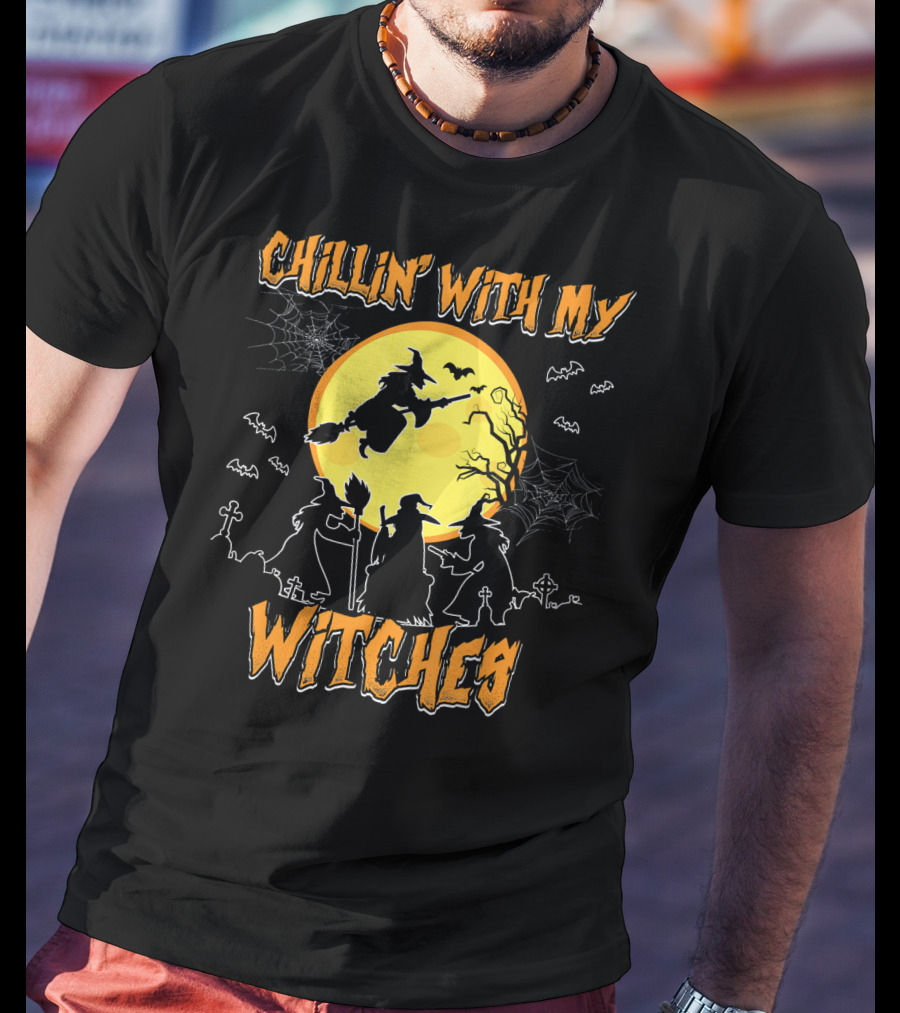 Chillin With My Witches Full Moon Spooky Bats And Webs Scene T-Shirt