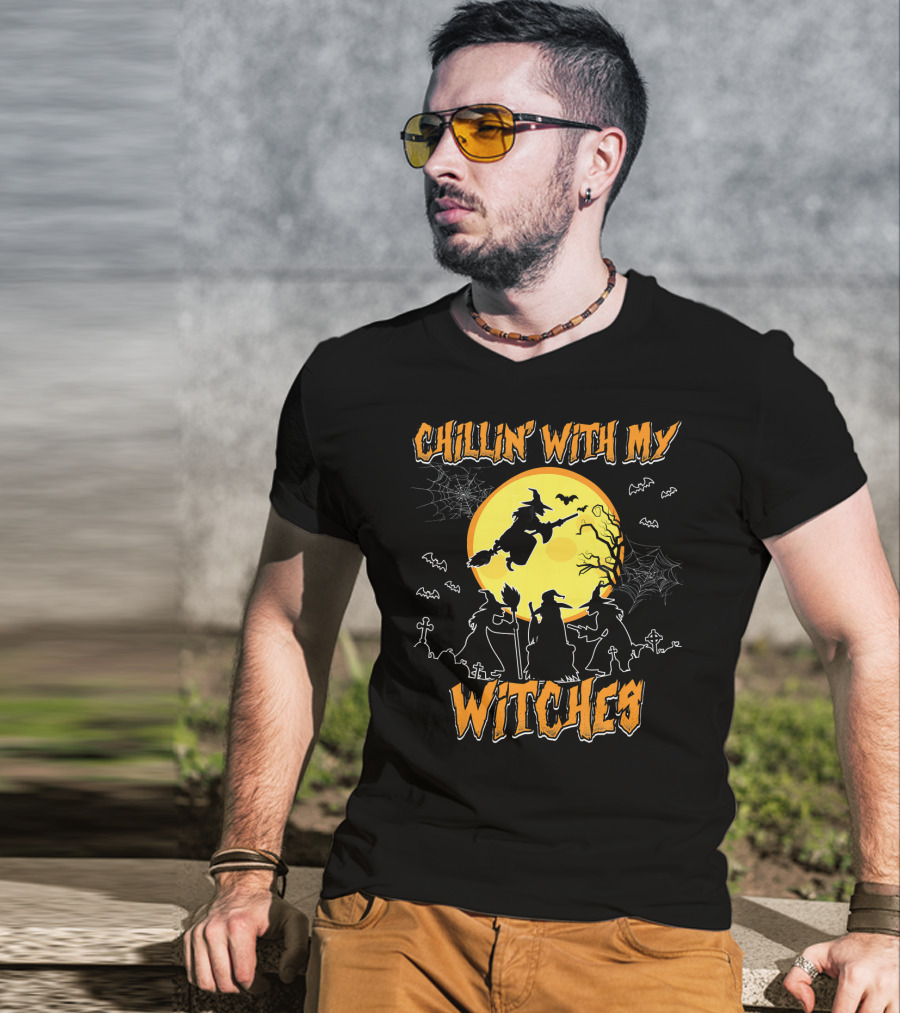 Chillin With My Witches Full Moon Spooky Bats And Webs Scene T-Shirt