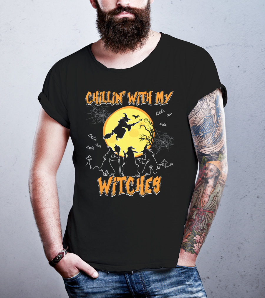 Chillin With My Witches Full Moon Spooky Bats And Webs Scene T-Shirt