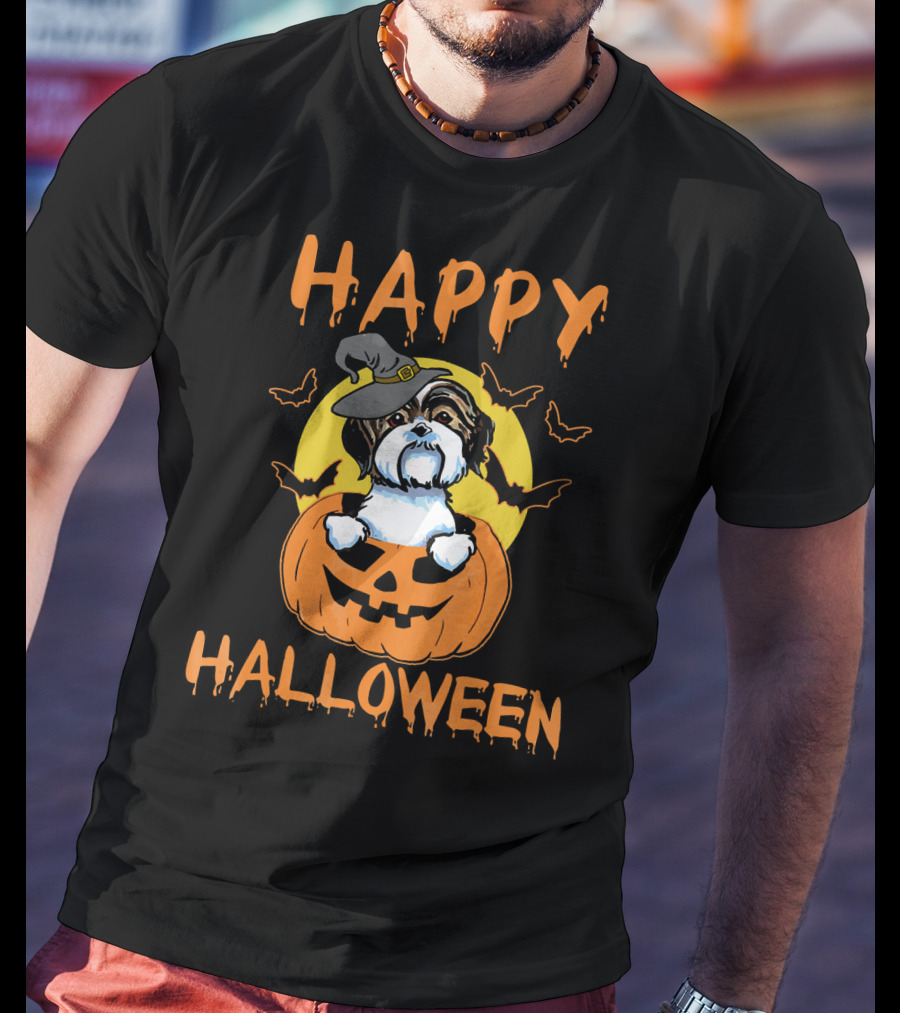 Happy Halloween Shih Tzu Pumpkin With Witch Hat And Bats T-Shirt