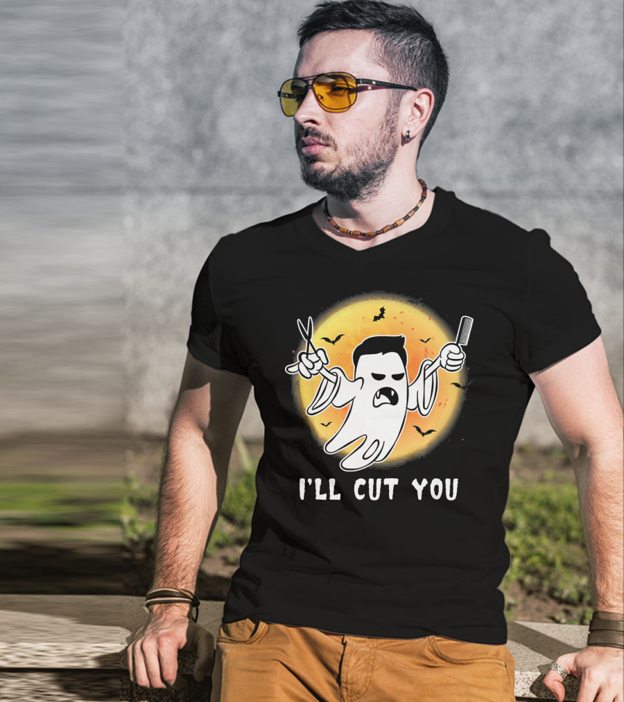 Funny Halloween Boo Ghost I'll Cut You Barber Ghost With Scissors And Comb T-Shirt