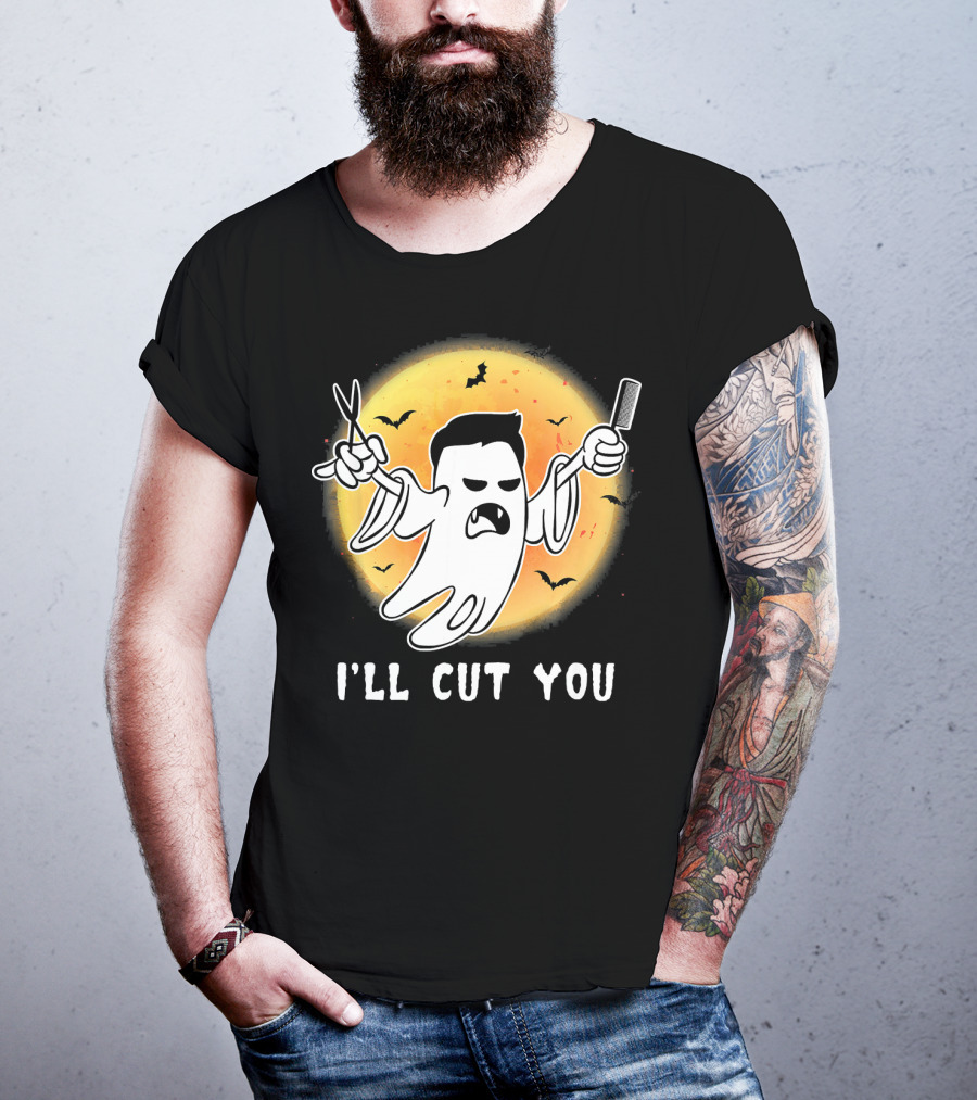 Funny Halloween Boo Ghost I'll Cut You Barber Ghost With Scissors And Comb T-Shirt