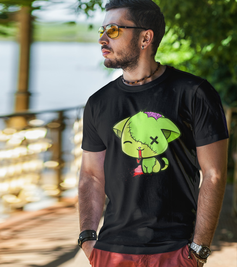Cute Zombkitty Green Zombie Kitten Neon Brain T-Shirt