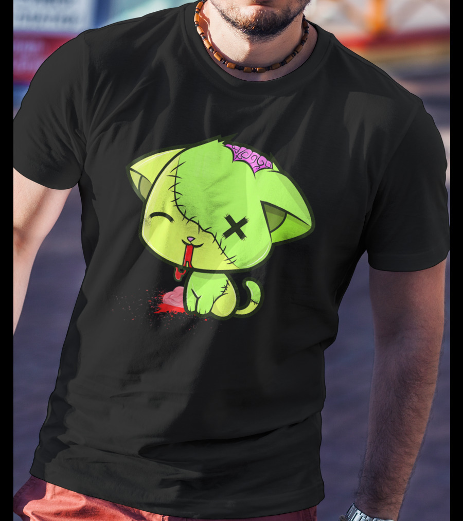 Cute Zombkitty Green Zombie Kitten Neon Brain T-Shirt