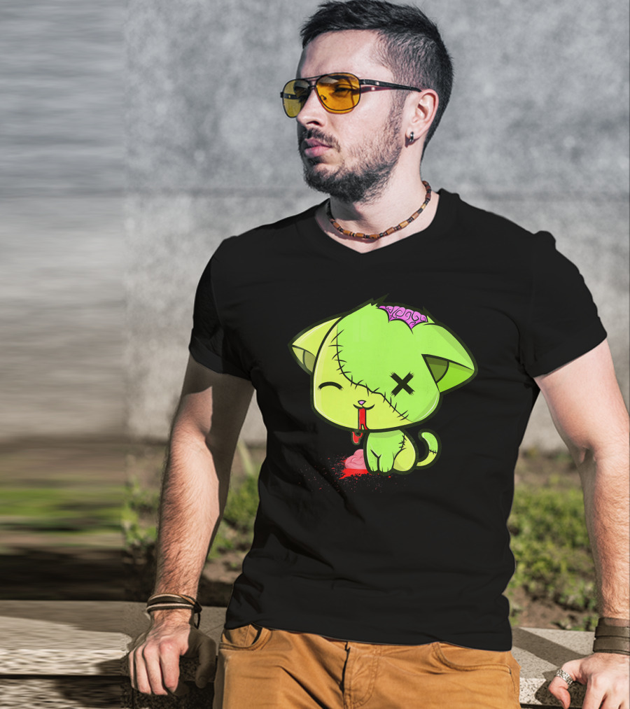 Cute Zombkitty Green Zombie Kitten Neon Brain T-Shirt